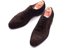 Brogues suede testa moro. Brązowo luksusowe obuwie eleganckie z ażurkami i dekoracyjnymi zdobieniami biznesowe, biurowe, ślubne, okolicznościowe, gyw, męskie.