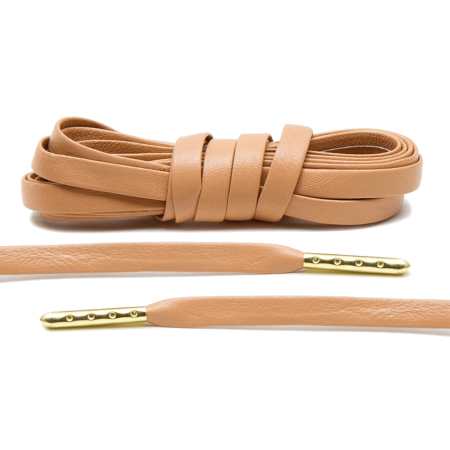 LACE LAB Luxury Leather Laces 6mm Tan Gold Plated - Jasnobrązowe skórzane sznurowadła ze złotymi końcówkami