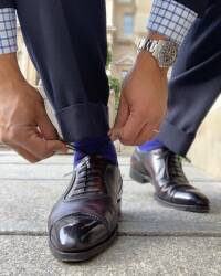 Eleganckie podkolanówki męskie ręcznie wykonane z bawełny egipskiej viccel knee socks pin dots royal blue red