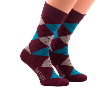 PATINE Socks PARO01-0605 - Bordowe skarpety w niebieskie i beżowe romby