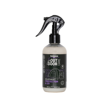 Zbliżenie butelki Equipment Protector – technologia w służbie natury. TARRAGO Outdoor EQUIPMENT Protector & UV 250 ml - Wodoodporna ochrona przed promienowaniem UV dla sprzętu outdoorowego