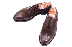 Brogues boxcalf marron suede olive. Ciemno brązowe zamszowo zielone obuwie eleganckie, biznesowe, biurowe, ślubne, okolicznościowe, gyw, męskie.