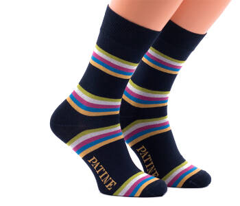 PATINE Socks PAPA02-0006 - Granatowe skarpety w kolorowe nieregularne paski
