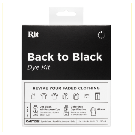 Zestaw do tkanin Rit Back to Black Dye Kit dzięki któremu możesz przywrócić ubraniom głęboki czarny kolor