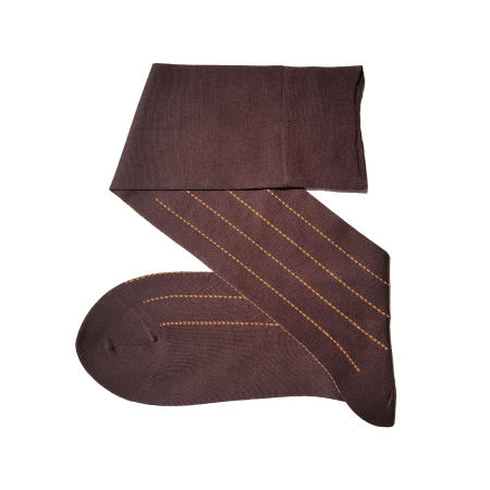 brązowe luksusowe podkolanówki męskie bawełniane w paski musztardowe Viccel knee socks pindot stripe brown mustard